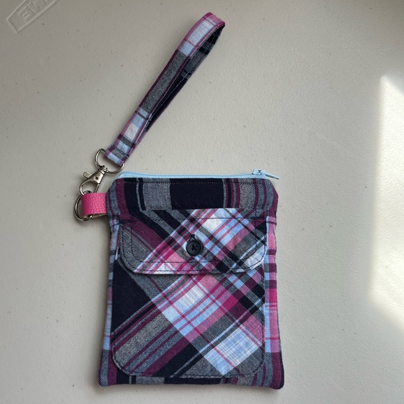 Handmade Handbags - Upcycled, One Of A Kind Plaid Flannel Shirt Pocket Fabric Wristlet Clutch